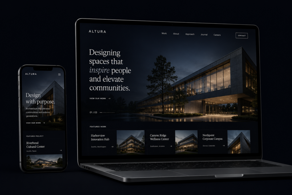 Responsive, mobile optimized modern design website for archetectural firm in Seattle, Bellevue, and Puyallup, WA