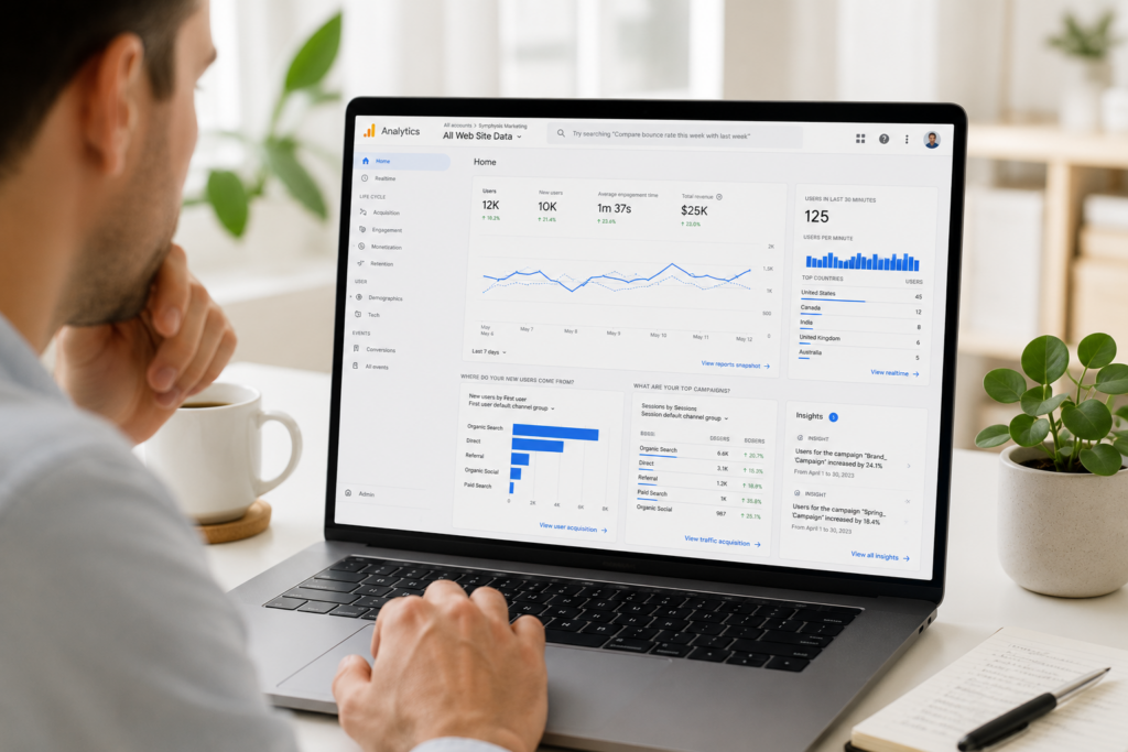 Analyze and track web performance using Google Analytics by SEO experts at Symphysis Marketing Solutions in Seattle, Bellevue, and Puyallup, WA