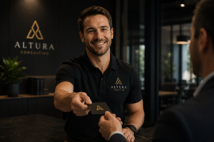 Man handing business card to client with company branding by Symphysis Marketing Solutions in Seattle, Bellevue, and Puyallup, WA