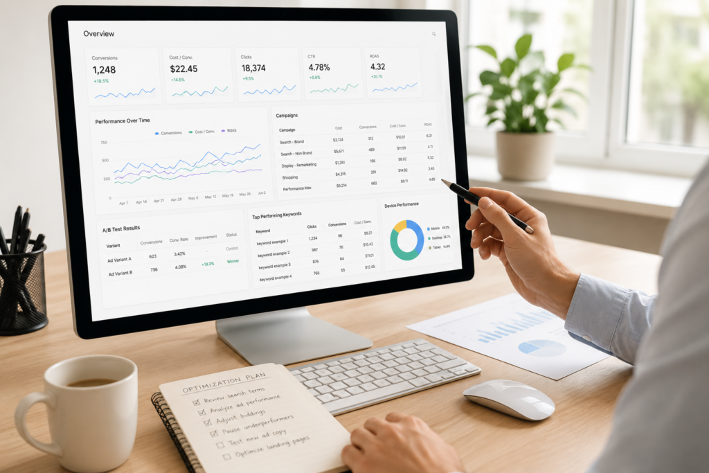 Optimizing Google Ads for better performance by paid ads expert at Symphysis Marketing Solutions in Bellevue, Seattle, and Puyallup, WA