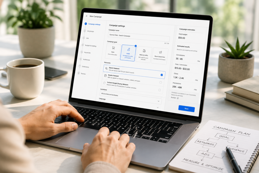 Setting up PPC ad campaigns on Google Ads by paid ads experts at Symphysis Marketing Solutions in Bellevue, Seattle, and Puyallup, WA