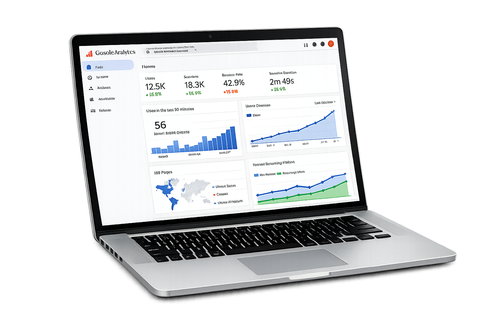 laptop showing Google Analytics dashboard with upward trending data
